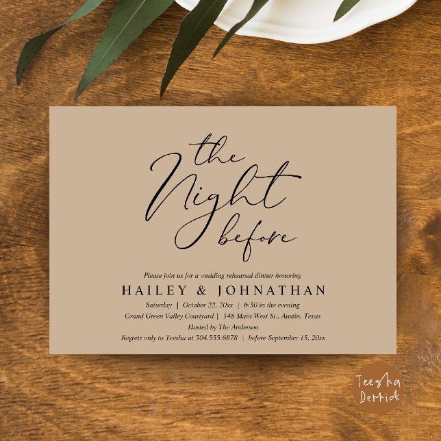The Night Before, Modern Wedding Rehearsal Dinner Invitation (The Night Before, Modern Romantic Wedding Rehearsal Dinner Invite Card in Brown Tan)