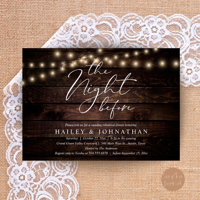 The Night Before, Modern Wedding Rehearsal Dinner Invitation (The Night Before, Modern Romantic Wedding Rehearsal Dinner Invite Card in String Lights Dark Wood)