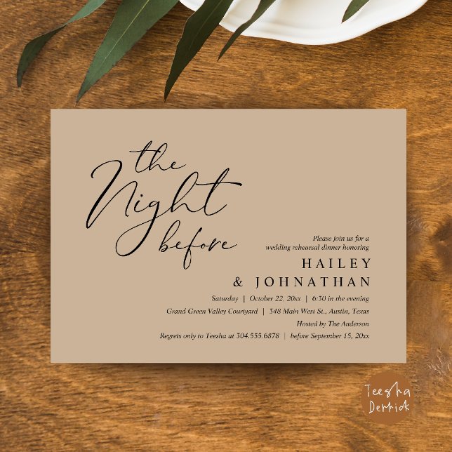 The Night Before, Modern Wedding Rehearsal Dinner Invitation (The Night Before, Modern Romantic Wedding Rehearsal Dinner Invite Card in Brown Tan)