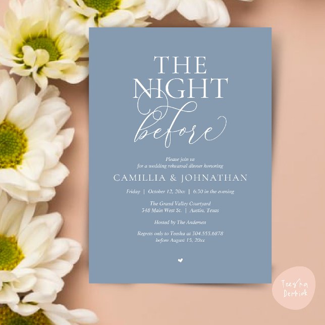 “The Night Before” Modern Wedding Rehearsal Dinner Invitation (“The Night Before” Modern Classy Rehearsal Dinner Reception Invitation Card Dusty Blue)