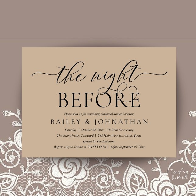 The Night Before, Modern Wedding Rehearsal Dinner Invitation (Modern Wedding Rehearsal Dinner, The Night Before Invitation Card in Black and Tan Brown)