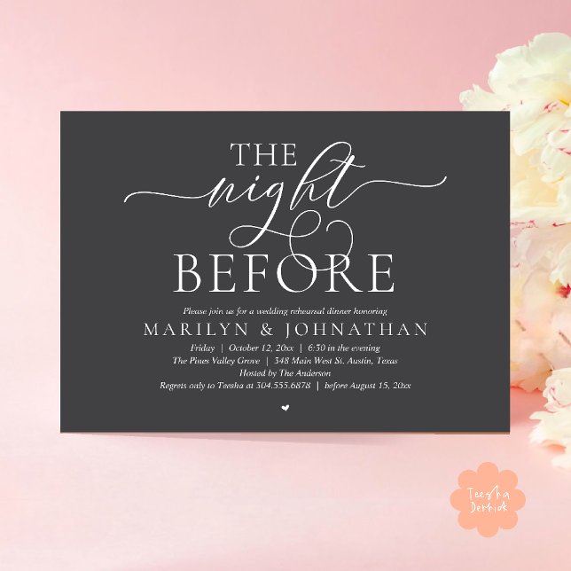 The Night Before, Modern Wedding Rehearsal Dinner Invitation (The Night Before, Modern Romantic Classy Wedding Rehearsal Dinner Invitation Card in charcoal grey)