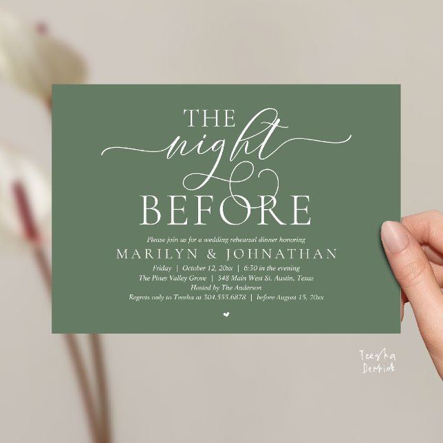 The Night Before, Modern Wedding Rehearsal Dinner Invitation (The Night Before, Modern Romantic Classy Wedding Rehearsal Dinner Invitation Card in sage green)