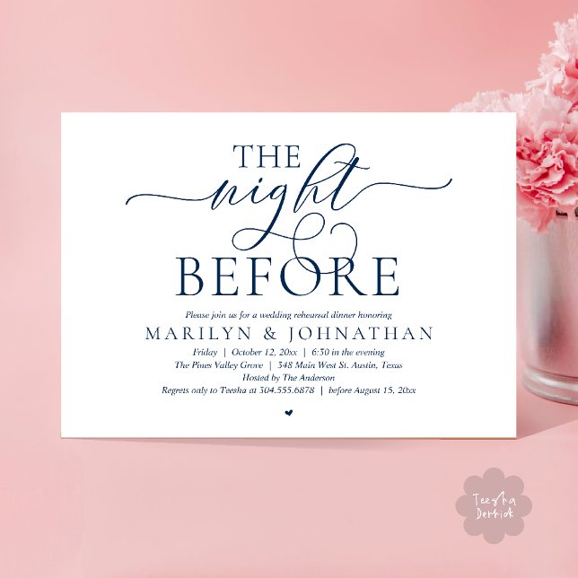 The Night Before, Modern Wedding Rehearsal Dinner Invitation (The Night Before, Modern Romantic Classy Wedding Rehearsal Dinner Invitation Card in Navy Blue)