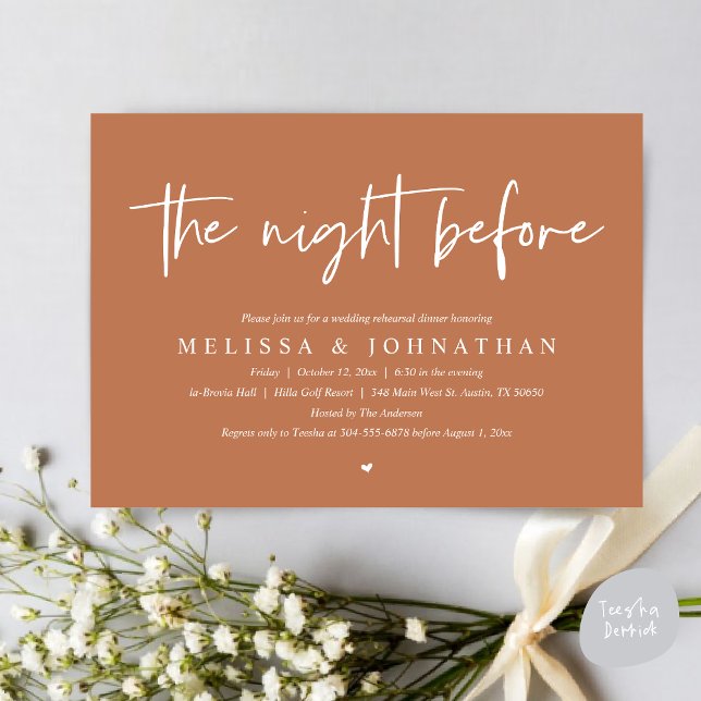 The Night Before, Modern Wedding Rehearsal Dinner Invitation (The Night Before Wedding Rehearsal Dinner Invitation Card, PDF, Modern Minimalist Terracotta Brown)