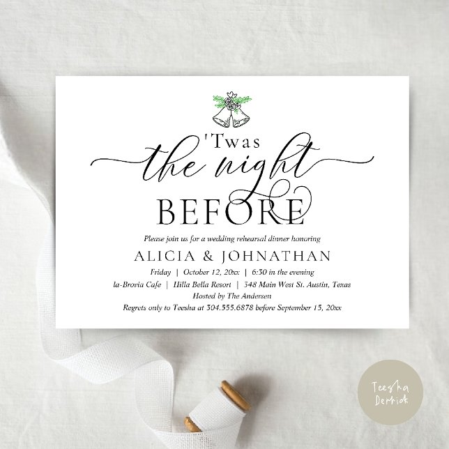 The Night Before, Modern Wedding Rehearsal Dinner Invitation (The Night Before, Twas Wedding Rehearsal Dinner Party Invites mistletoe wedding bell Black White)
