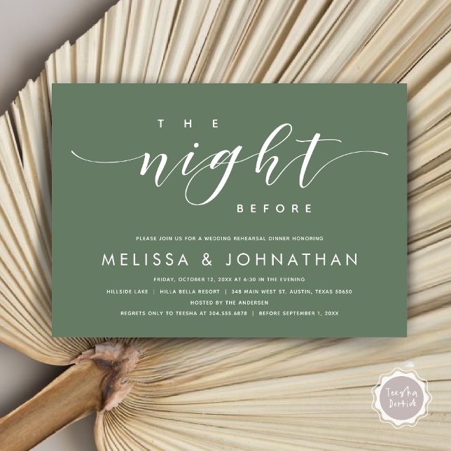 The Night Before, Modern Wedding Rehearsal Dinner  Invitation (The Night Before, Modern Wedding Rehearsal Dinner Invitation Card, PDF, in Forest Sage Green)