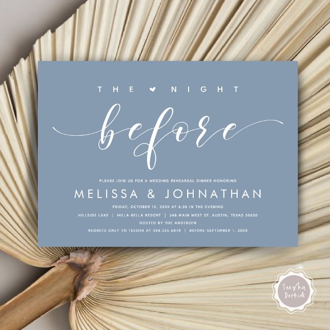 The Night Before, Modern Wedding Rehearsal Dinner  Invitation (The Night Before, Modern Wedding Rehearsal Dinner Invitation Card, PDF, in Dusty Blue)