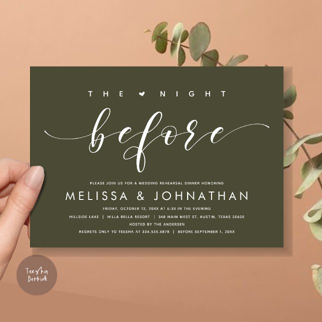 The Night Before, Modern Wedding Rehearsal Dinner  Invitation (The Night Before, Modern Wedding Rehearsal Dinner Invitation Card, PDF, in Olive Sage Green)