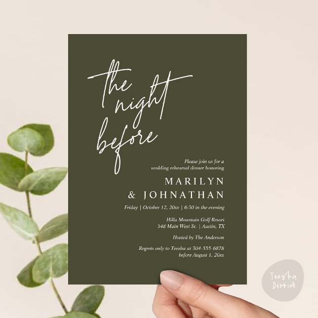 The Night Before, Modern Wedding Rehearsal Dinner Invitation (The Night Before, Modern Wedding Rehearsal Dinner Invitation Card PDF in Classy Olive Green Greenery)