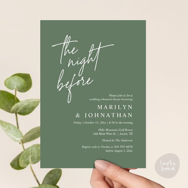 The Night Before, Modern Wedding Rehearsal Dinner Invitation (The Night Before, Modern Wedding Rehearsal Dinner Invitation Card PDF in Classy Sage Green Greenery)