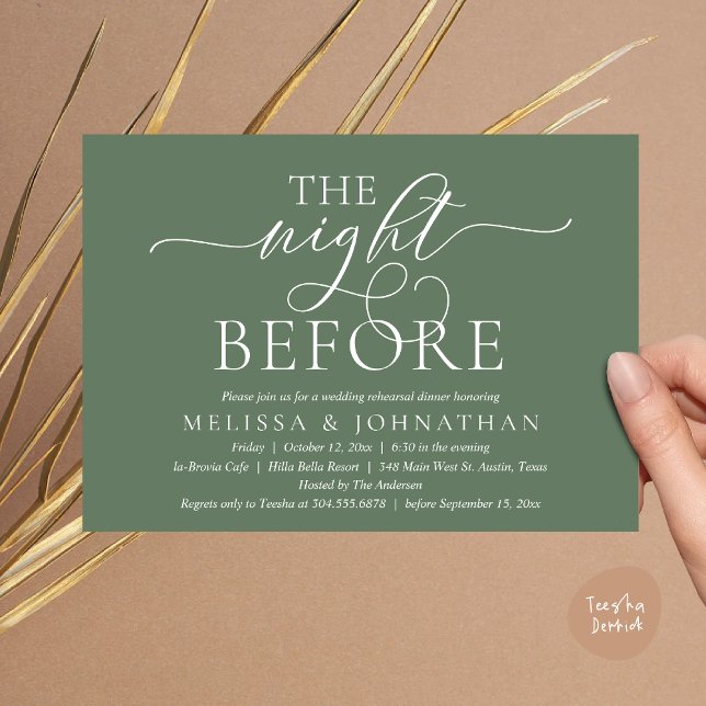 The Night Before, Modern Wedding Rehearsal Dinner Invitation (The Night Before, Modern Wedding Rehearsal Dinner Party Invitation Card, PDF, Greenery Sage Green)