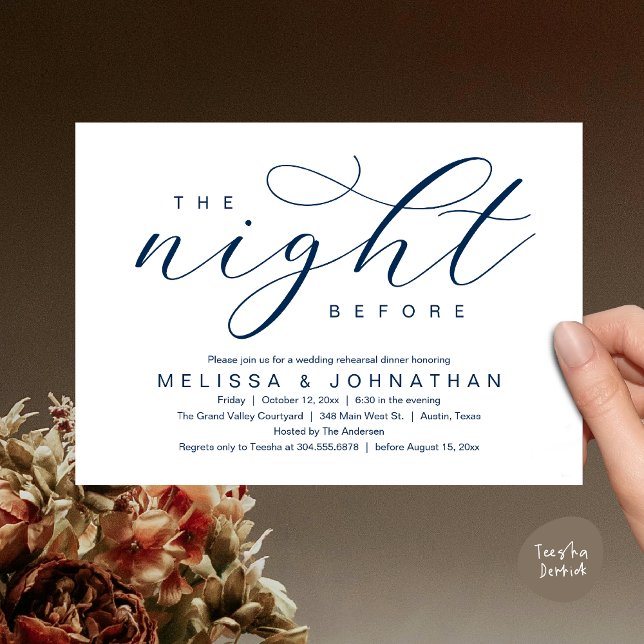 The Night Before, Modern Wedding Rehearsal Dinner Invitation (The Night Before, Classy Modern Wedding Rehearsal Dinner Invitation Card PDF Navy Blue)