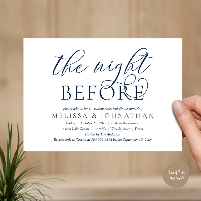 The Night Before, Modern Wedding Rehearsal Dinner  Invitation (The Night Before, Modern Wedding Rehearsal Dinner Invitation Card, PDF, Classy Elegant, Navy Blue)