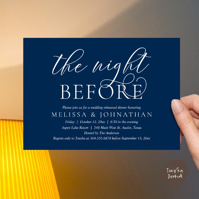 The Night Before, Modern Wedding Rehearsal Dinner  Invitation (The Night Before, Modern Wedding Rehearsal Dinner Invitation Card, PDF, Classy Elegant, Navy Blue)