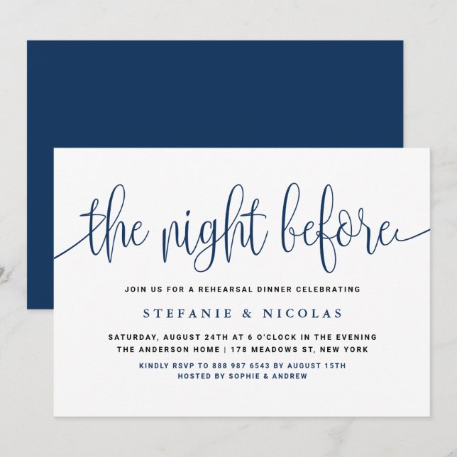 The Night Before Navy Blue Script Rehearsal Dinner Invitation (Front/Back)