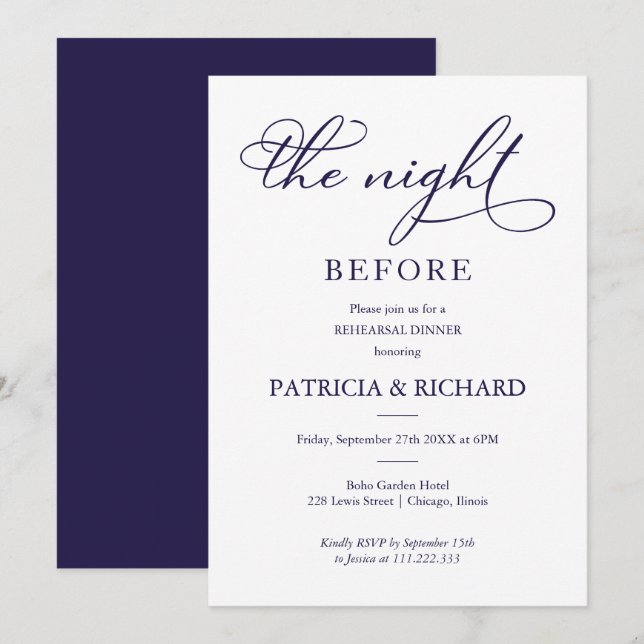 The Night Before Navy Blue Script Rehearsal Dinner Invitation (Front/Back)