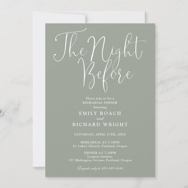 The Night Before Rehearsal Dinner Sage Green Invitation (Front)
