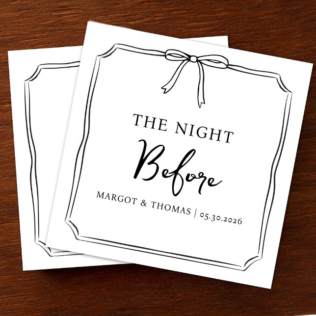 "The Night Before" Rehearsal Dinner Welcome Party Napkin (Personalize your rehearsal dinner with chic, customizable “The Night Before” black and white napkins)