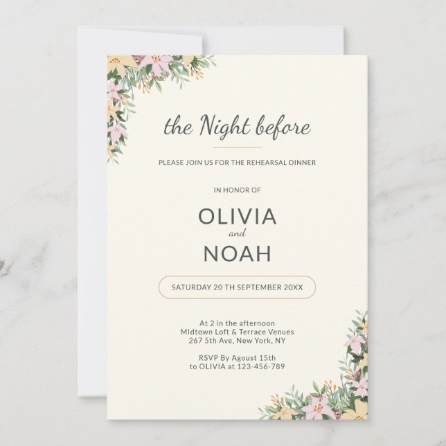 The night before-Romantic Floral Rehearsal Dinner Invitation (Front)