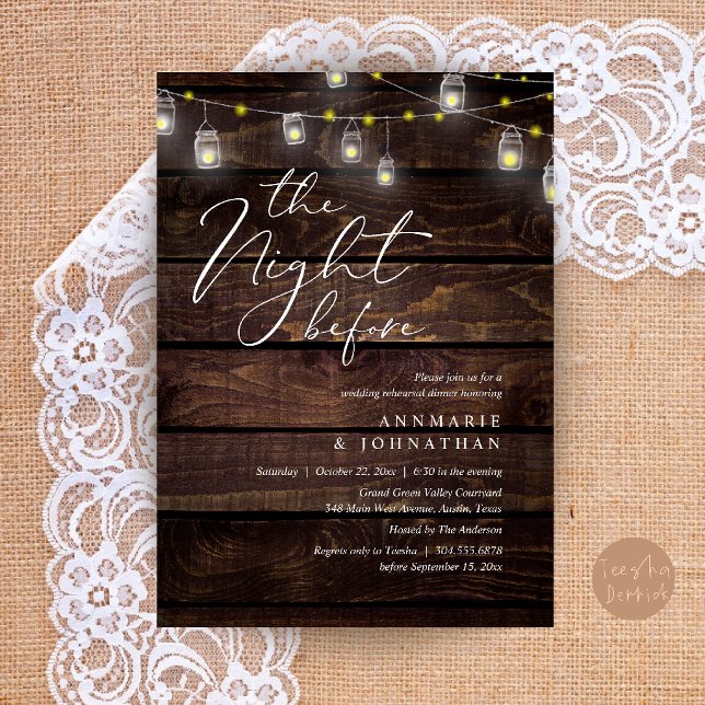 The Night Before Romantic Wedding Rehearsal Dinner Invitation (The Night Before Romantic Wedding Rehearsal Dinner Invitation Card in String Lights Dark Wood)