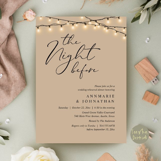 The Night Before Romantic Wedding Rehearsal Dinner Invitation (The Night Before Romantic Wedding Rehearsal Dinner Invitation Card in String Lights Brown Tan)