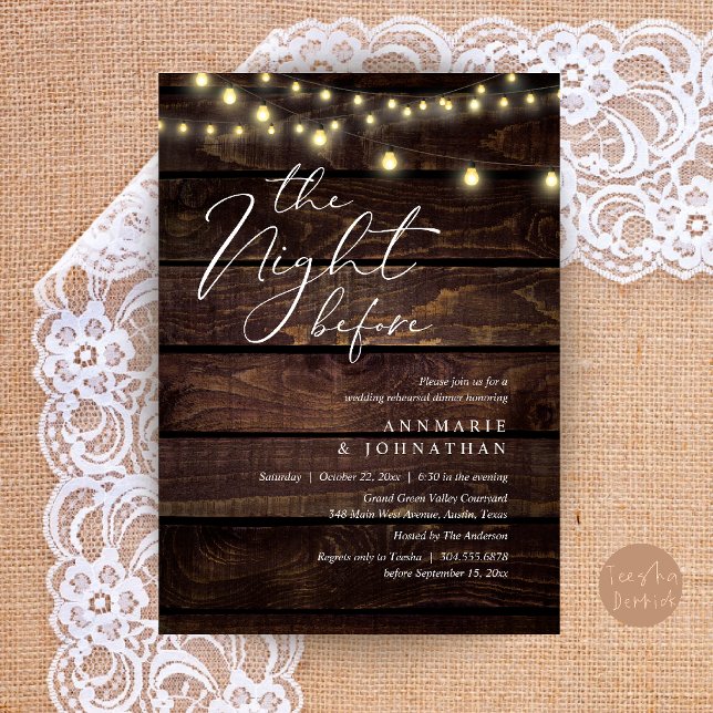 The Night Before Romantic Wedding Rehearsal Dinner Invitation (The Night Before Romantic Wedding Rehearsal Dinner Invitation Card in String Lights Brown Wood)