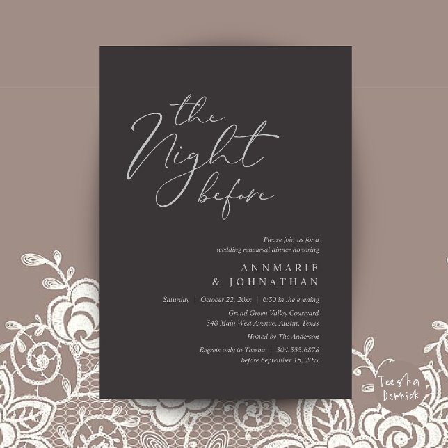 The Night Before Romantic Wedding Rehearsal Dinner Invitation (The Night Before Romantic Wedding Rehearsal Dinner Invitation Card in Charcoal Grey Silver)