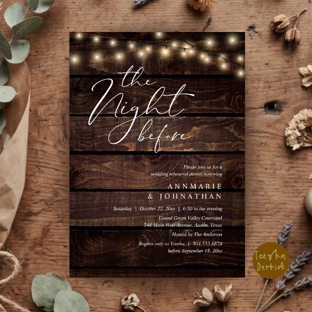 The Night Before Romantic Wedding Rehearsal Dinner Invitation (The Night Before Romantic Wedding Rehearsal Dinner Invitation Card in String Lights Brown Wood)