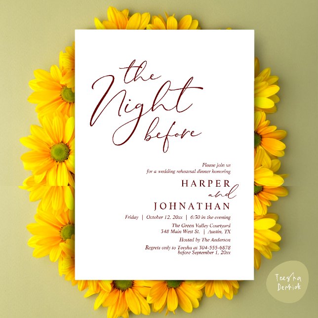 The Night Before Romantic Wedding Rehearsal Dinner Invitation (The Night Before Romantic Wedding Rehearsal Dinner Modern Invites Card PDF Burgundy Wine Red)