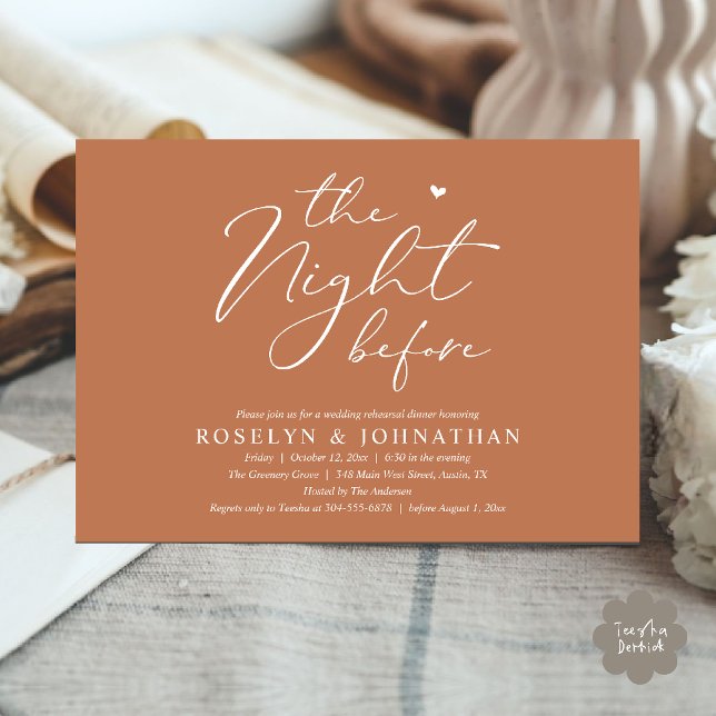 The Night Before Romantic Wedding Rehearsal Dinner Invitation (The Night Before Romantic Wedding Rehearsal Dinner Little heart Invitation Card PDF Copper Brown)