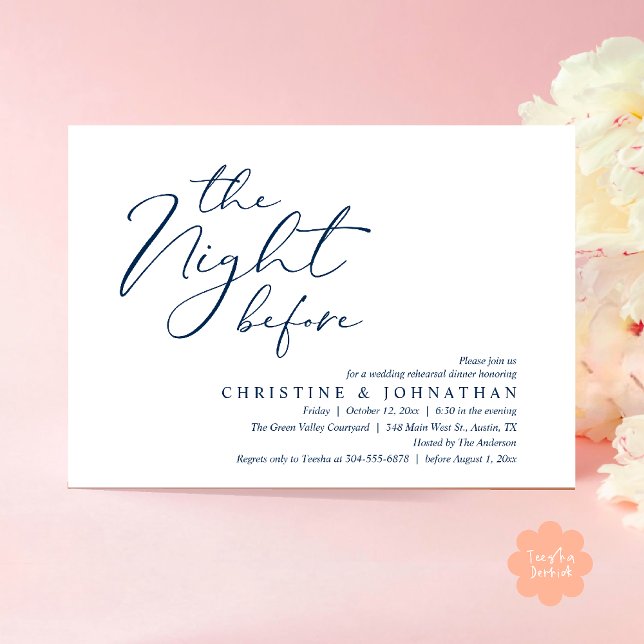 The Night Before Romantic Wedding Rehearsal Dinner Invitation (The Night Before Romantic Wedding Modern Rehearsal Dinner Invites Card Hosted Parents Navy Blue)