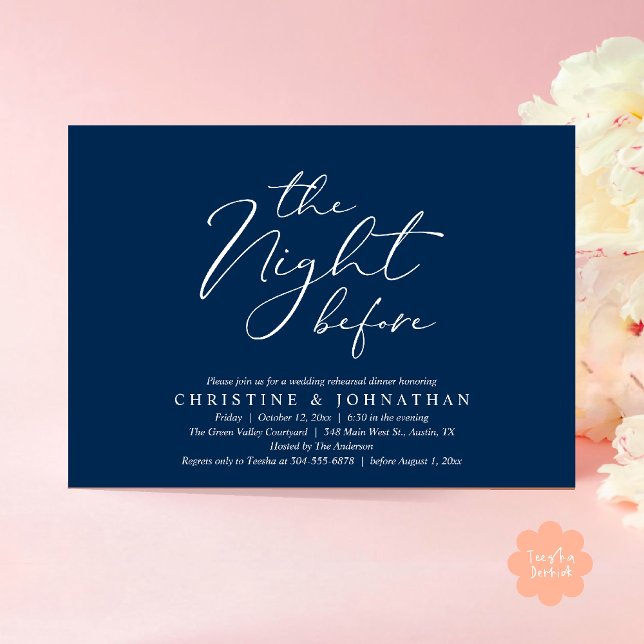 The Night Before Romantic Wedding Rehearsal Dinner Invitation (The Night Before Romantic Wedding Modern Rehearsal Dinner Invites Card Hosted Parents Navy Blue)