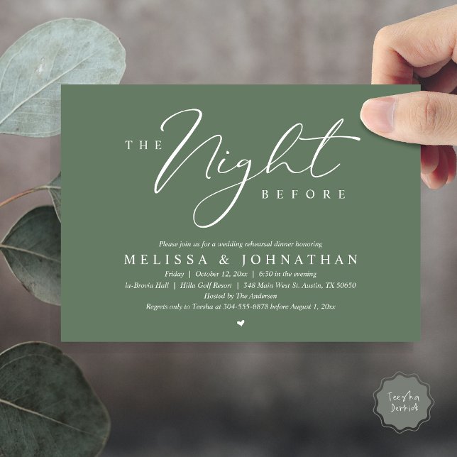 The Night Before Romantic Wedding Rehearsal Dinner Invitation (The Night Before, Romantic Wedding Rehearsal Dinner Invitation Card, PDF, in Forest Sage Green)