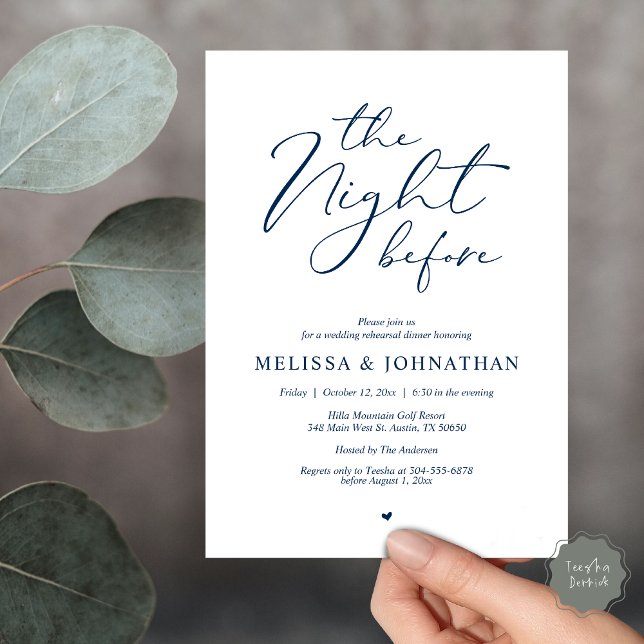 The Night Before Romantic Wedding Rehearsal Dinner Invitation (Classy Romance, The Night Before Wedding Rehearsal Dinner Invitation Card, PDF, in Navy Blue)