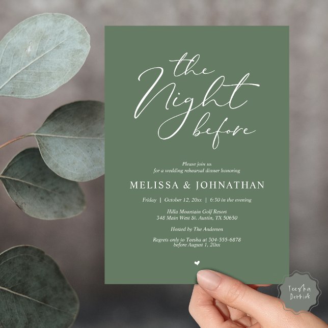 The Night Before Romantic Wedding Rehearsal Dinner Invitation (Classy Romance, The Night Before Wedding Rehearsal Dinner Invitation Card, PDF, in Forest Sage Green)