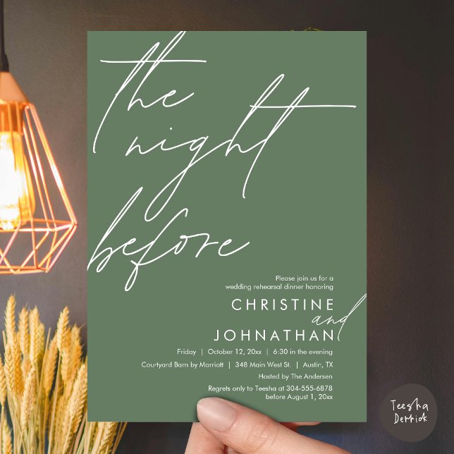 The Night Before Romantic Wedding Rehearsal Dinner Invitation (The Night Before Romantic Wedding Rehearsal Dinner Invitation Card, PDF, in Forest Sage Green)