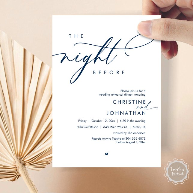 The Night Before Romantic Wedding Rehearsal Dinner Invitation (The Night Before, Modern Romantic Wedding Rehearsal Dinner Invitation Card, PDF, In Navy Blue)