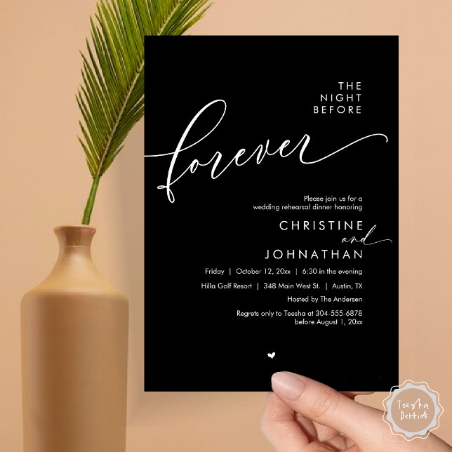 The Night Before Romantic Wedding Rehearsal Dinner Invitation (Modern Romantic The Night Before Forever, Wedding Rehearsal Dinner Invitation Card, PDF, Black)