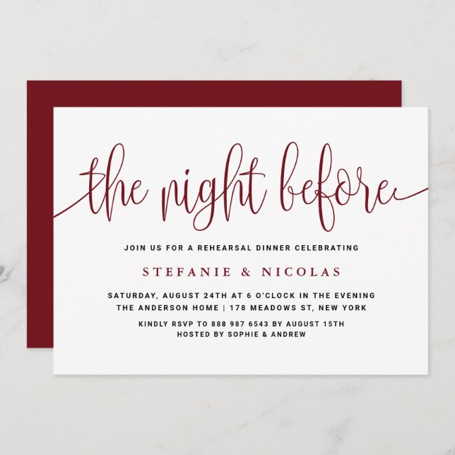 The Night Before Script Burgundy Rehearsal Dinner Invitation (Front/Back)