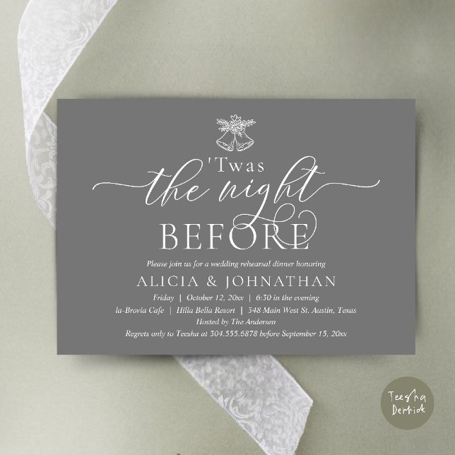 The Night Before, Twas Wedding Rehearsal Dinner Invitation (The Night Before, Twas Wedding Rehearsal Dinner Party Invites Card mistletoe wedding bell Sark Grey)
