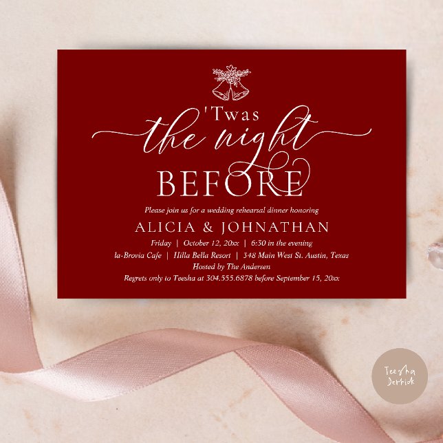 The Night Before, Twas Wedding Rehearsal Dinner Invitation (The Night Before, Twas Wedding Rehearsal Dinner Party Invites Card mistletoe wedding bell burgundy)