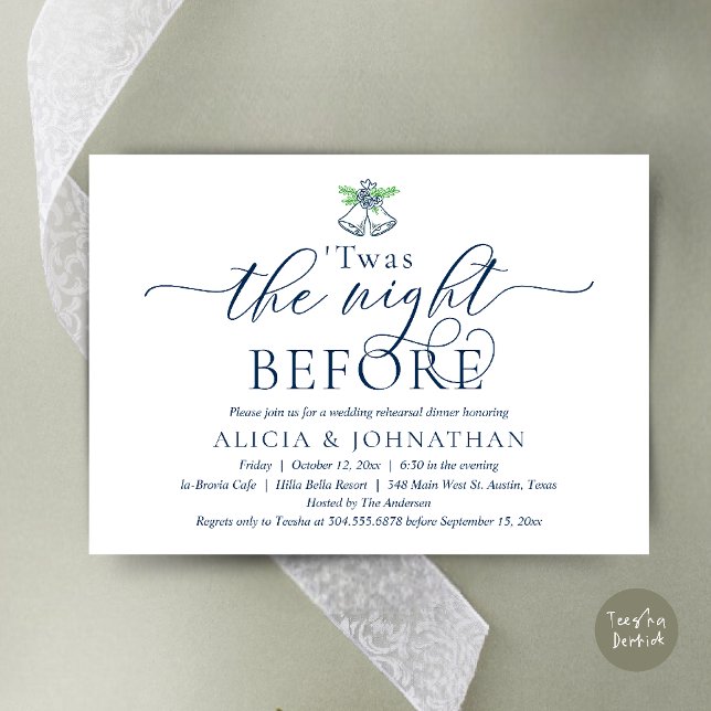 The Night Before, Twas Wedding Rehearsal Dinner Invitation (The Night Before, Twas Wedding Rehearsal Dinner Party Invites Card mistletoe wedding bell Navy Blue)