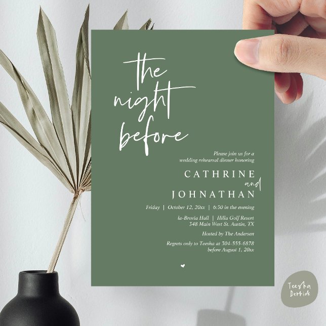 The night before, Wedding Rehearsal Dinner Invitation (The night before, Modern Wedding Rehearsal Dinner Invitation Card, PDF, in Forest Sage Green)