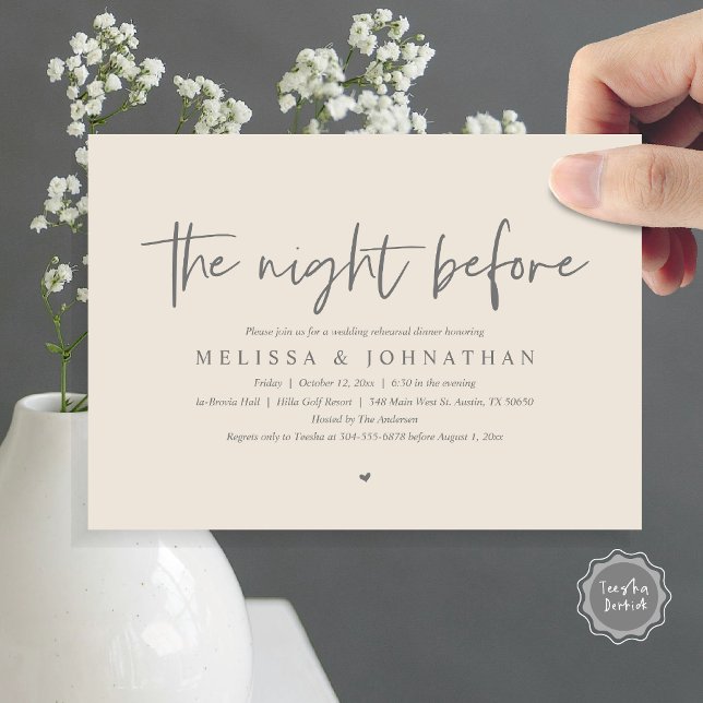 The Night Before, Wedding Rehearsal Dinner Invitation (The Night Before, Wedding Rehearsal Dinner Invitation Card, Modern Casual Script, in grey cream)