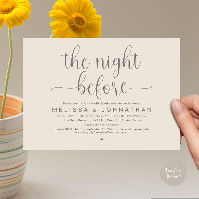 The Night Before, Wedding Rehearsal Dinner Invitation (The Night Before, Wedding Rehearsal Dinner Romantic Party Invitation Card Heart PDF Cream Grey)