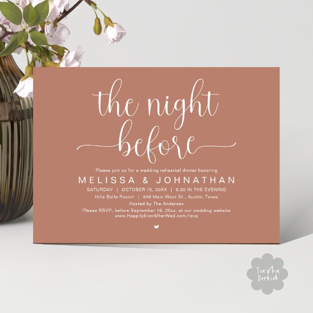 The Night Before, Wedding Rehearsal Dinner Invitation (The Night Before, Wedding Rehearsal Dinner Romantic Party Invitation Card Heart PDF Earthy Brown)