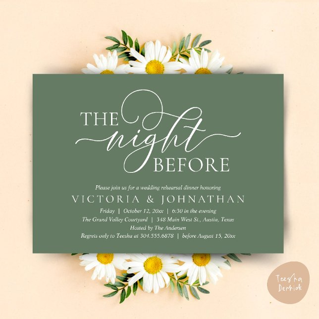 The Night Before, Wedding Rehearsal Dinner Party Invitation (The Night Before, Wedding Rehearsal Dinner Party Classy Romantic Invitation Card PDF Sage Green)