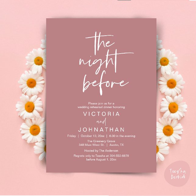 The Night Before, Wedding Rehearsal Dinner Party Invitation (The Night Before, Wedding Rehearsal Dinner Party Invites Card PDF Romantic Modern Casual Dusty Rose)