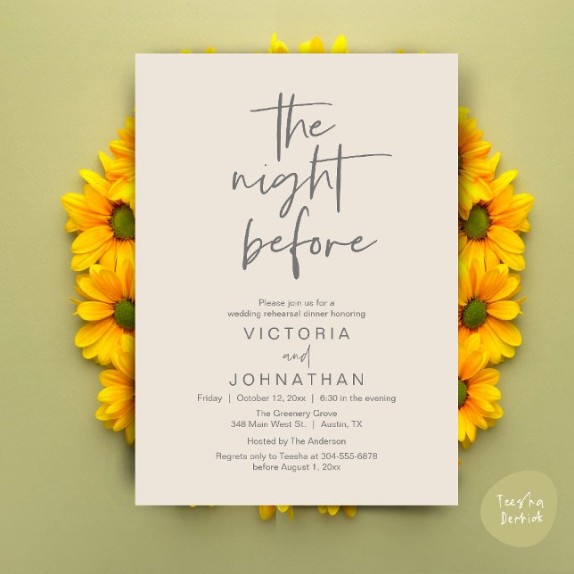 The Night Before, Wedding Rehearsal Dinner Party Invitation (The Night Before, Wedding Rehearsal Dinner Party Invites Card PDF Romantic Modern Casual Cream Grey)
